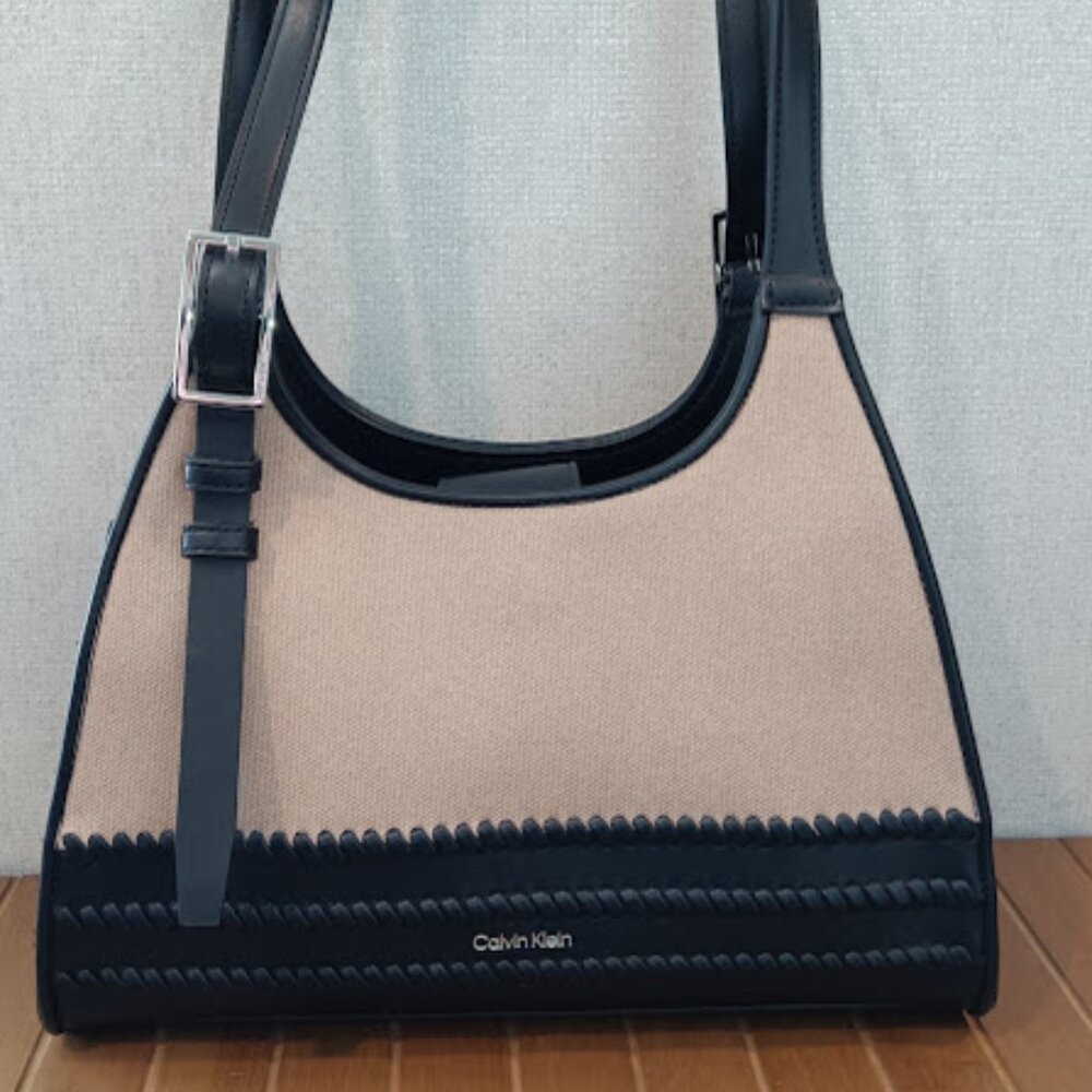 SOLD Calvin Klein Quill Triple Compartment Satchel Beige Natural Black Canvas